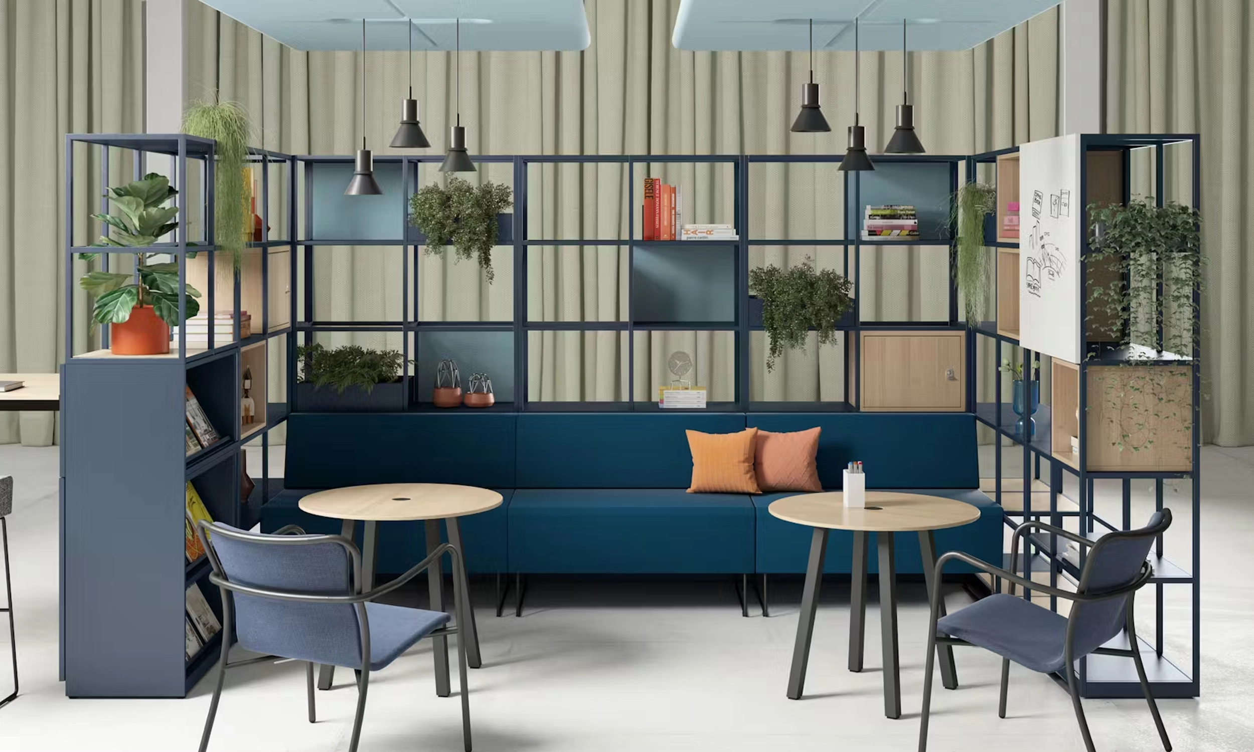 storage shelving and bookcases with plants dotted throughout